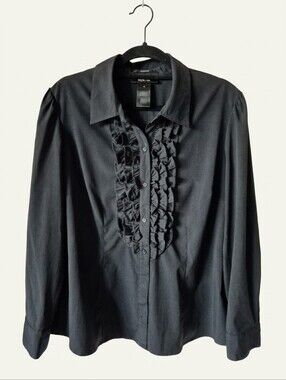 Style & Co Black Ruffle Front Button-Down Stretch Blouse - Women's Size 16